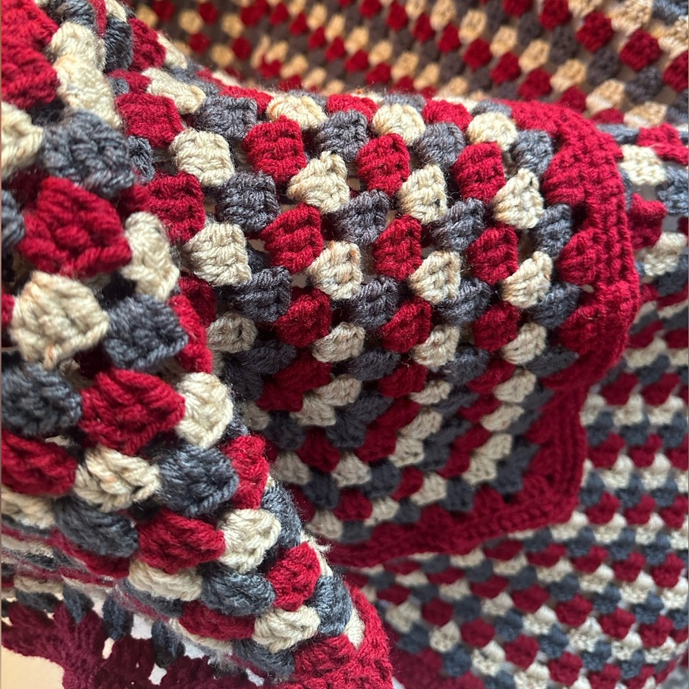 Handmade Crochet Blanket with Red, Gray, & Beige Pattern